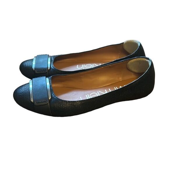 Calvin Klein Black Textured Ballet Flats with Silver Buckle Detail Women US 7 - Picture 2 of 8